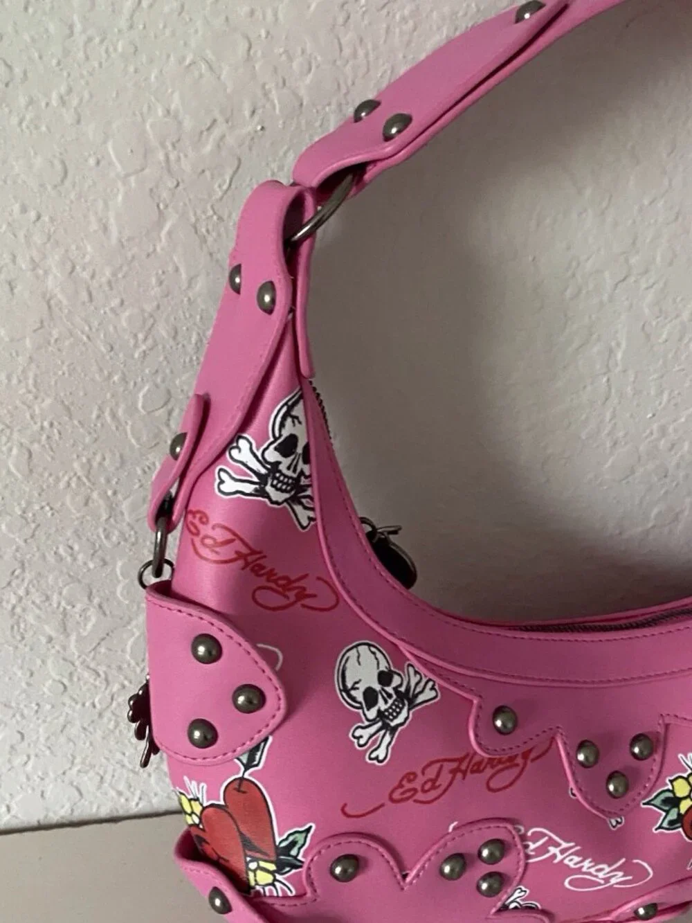 Ed Hardy Pink Hobo‎ Shoulder Bag Studded Heart Rose Skull Cross Charms NEW